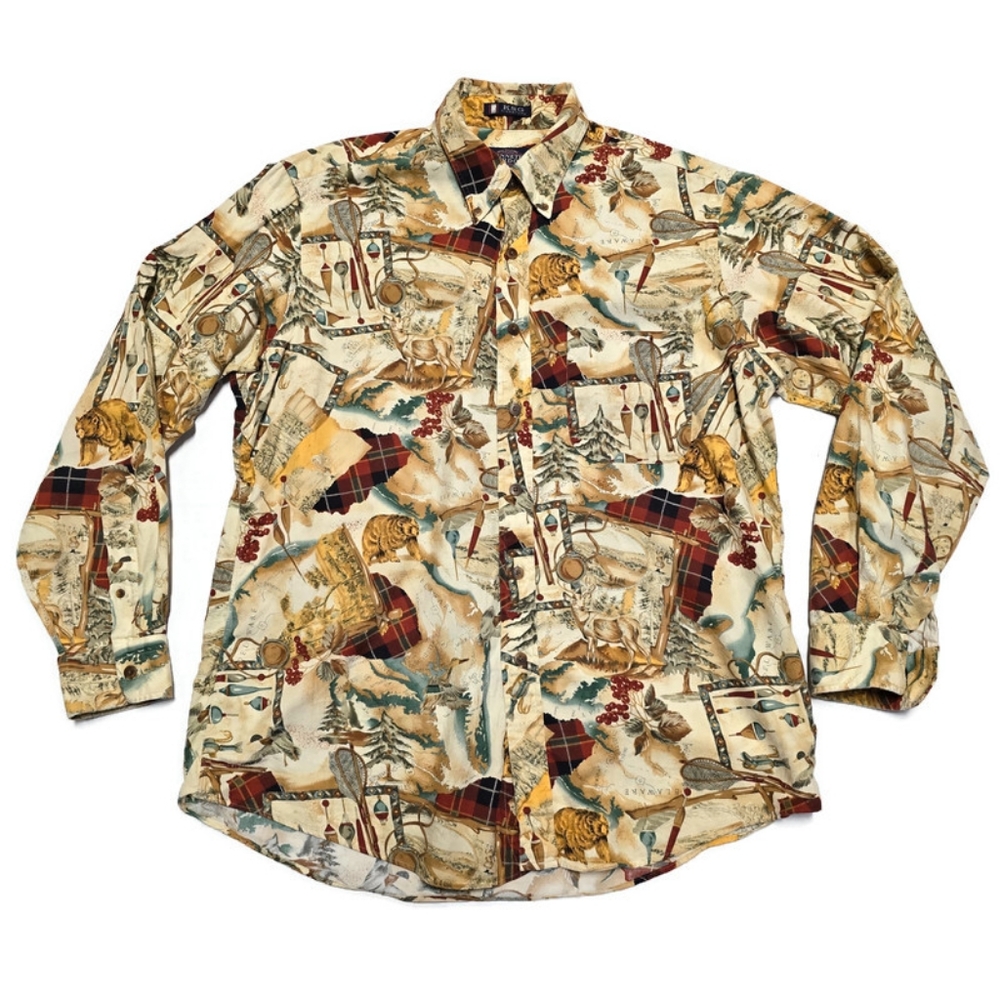 Men's Dress Shirt KSG Kenneth Gordon Printed Long Sleeve Large Delaware Nature